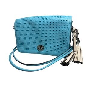 Coach Legacy Penny Shoulder Bag Blue Perforated Leather Tassel Crossbody